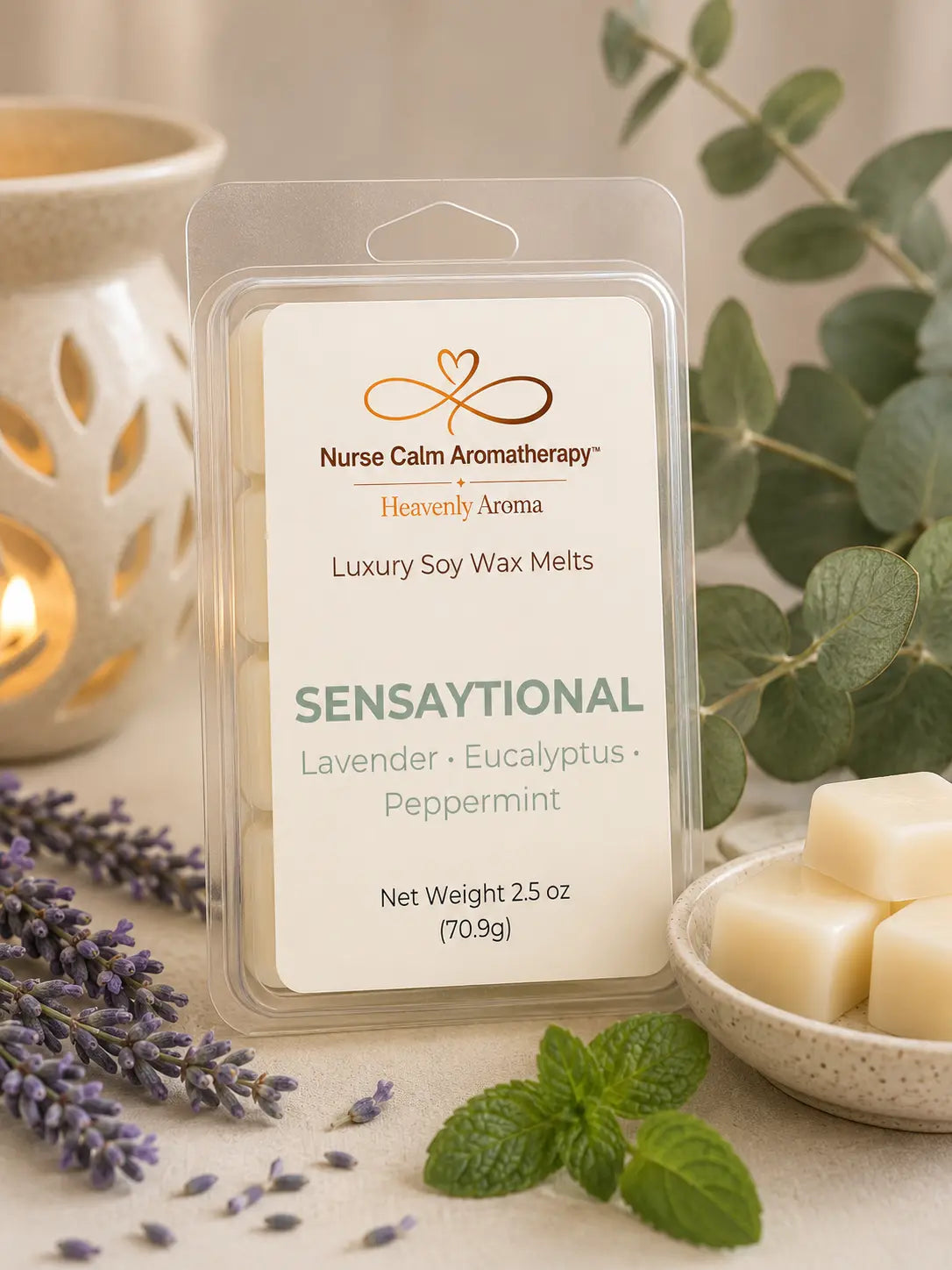 Sensaytional Luxury Soy Wax Melts by Nurse Calm Aromatherapy featuring lavender, eucalyptus, and peppermint fragrance notes in premium clamshell packaging.