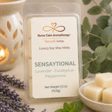 Sensaytional Luxury Soy Wax Melts by Nurse Calm Aromatherapy featuring lavender, eucalyptus, and peppermint fragrance notes in premium clamshell packaging.