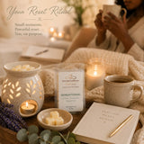 Sensaytional Luxury Soy Wax Melts displayed during a calming Reset Ritual with journaling, candlelight, a ceramic wax warmer, and wellness-inspired surroundings.