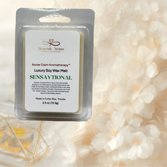 Luxury soy wax melt packaging with a soft, blurred background