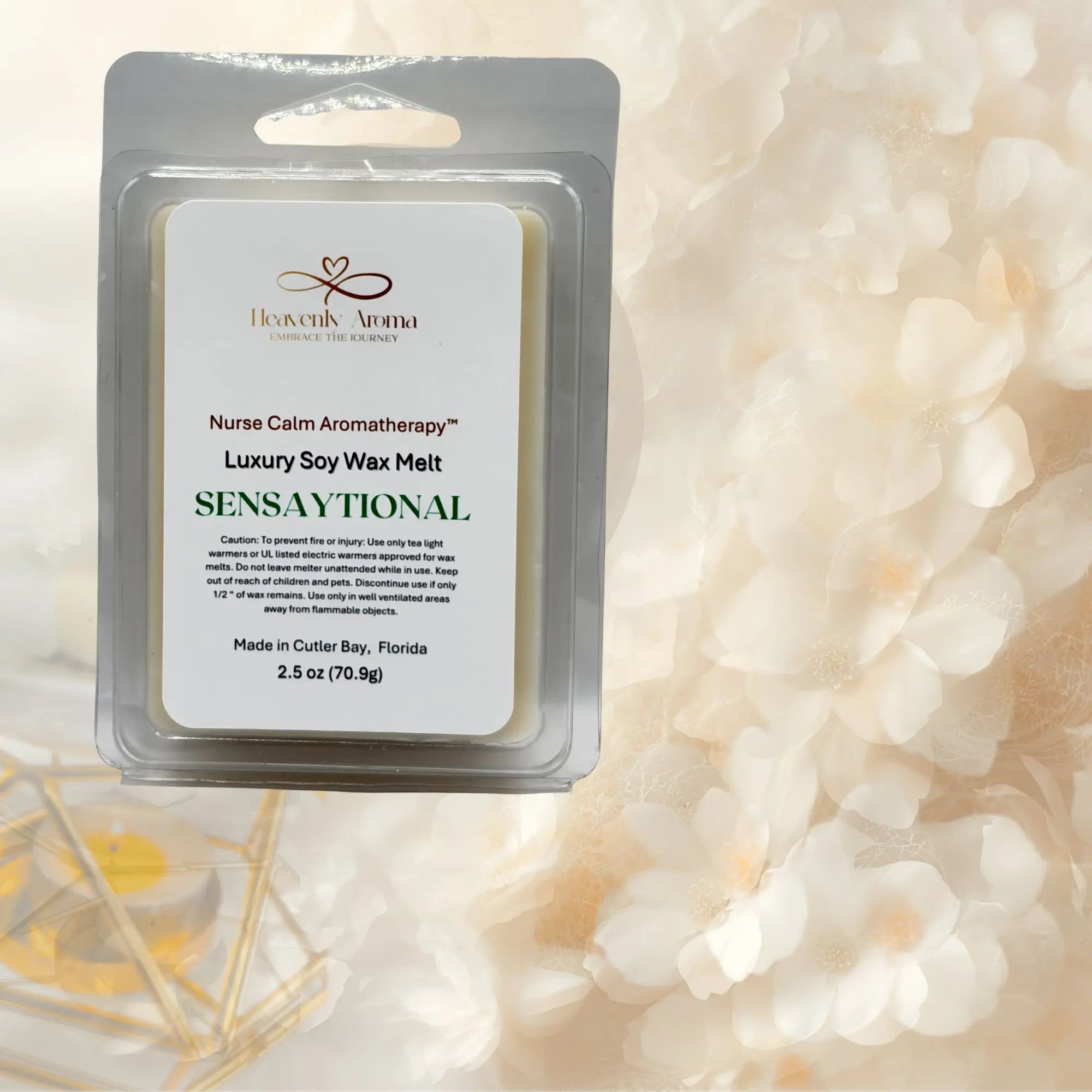 Luxury soy wax melt packaging with a soft, blurred background