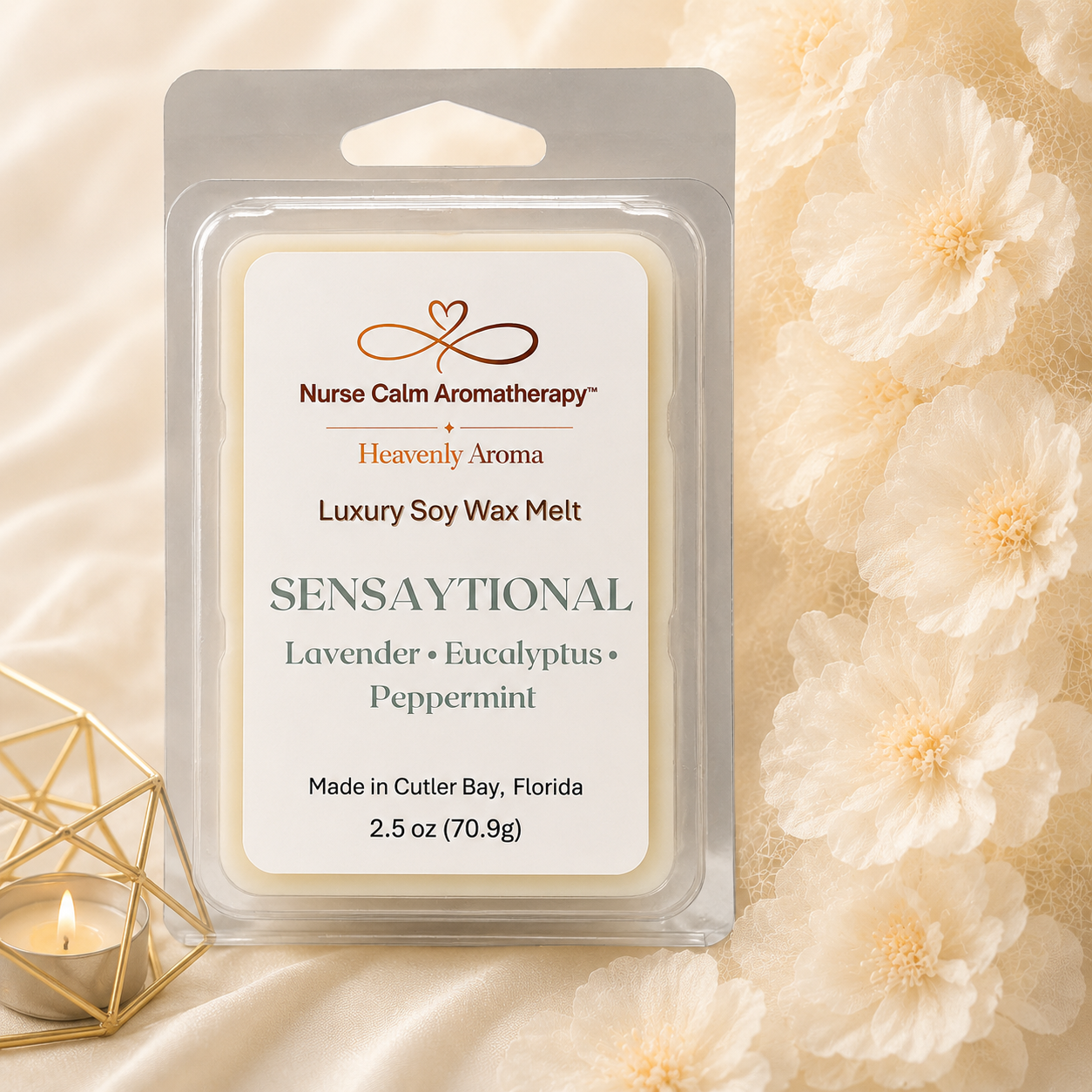 Nurse Calm Aromatherapy wax melt packaging with flowers and candle in the background