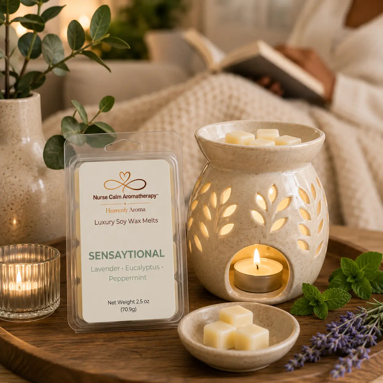 Sensaytional Luxury Soy Wax Melts melting in a ceramic wax warmer, creating a refreshing spa-inspired atmosphere with lavender, eucalyptus, and peppermint fragrance.
