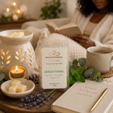 Refreshing wellness scene featuring Sensaytional Luxury Soy Wax Melts with calming home décor, tea, and spa-inspired relaxation.