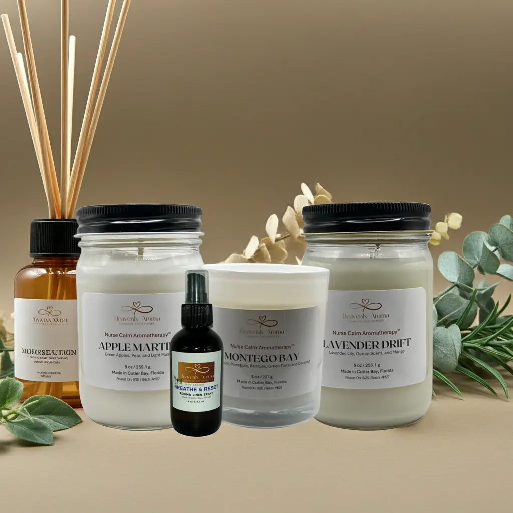 Collection of natural products including candles, diffusers, and a bottle on a beige background