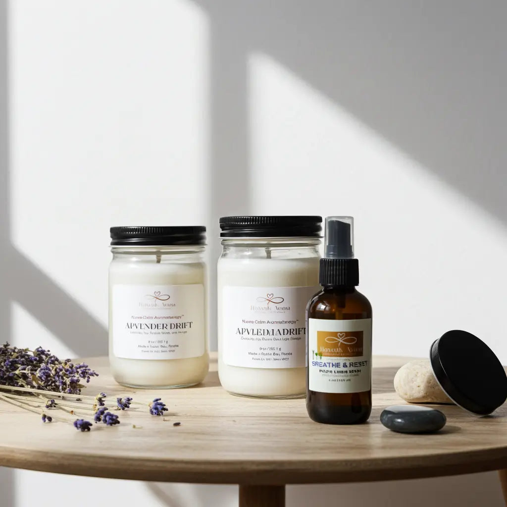 Three candles and a bottle of essential oil on a wooden table with lavender flowers.