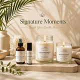 Three candles and two bottles on a wooden surface with 'Signature Moments' branding.