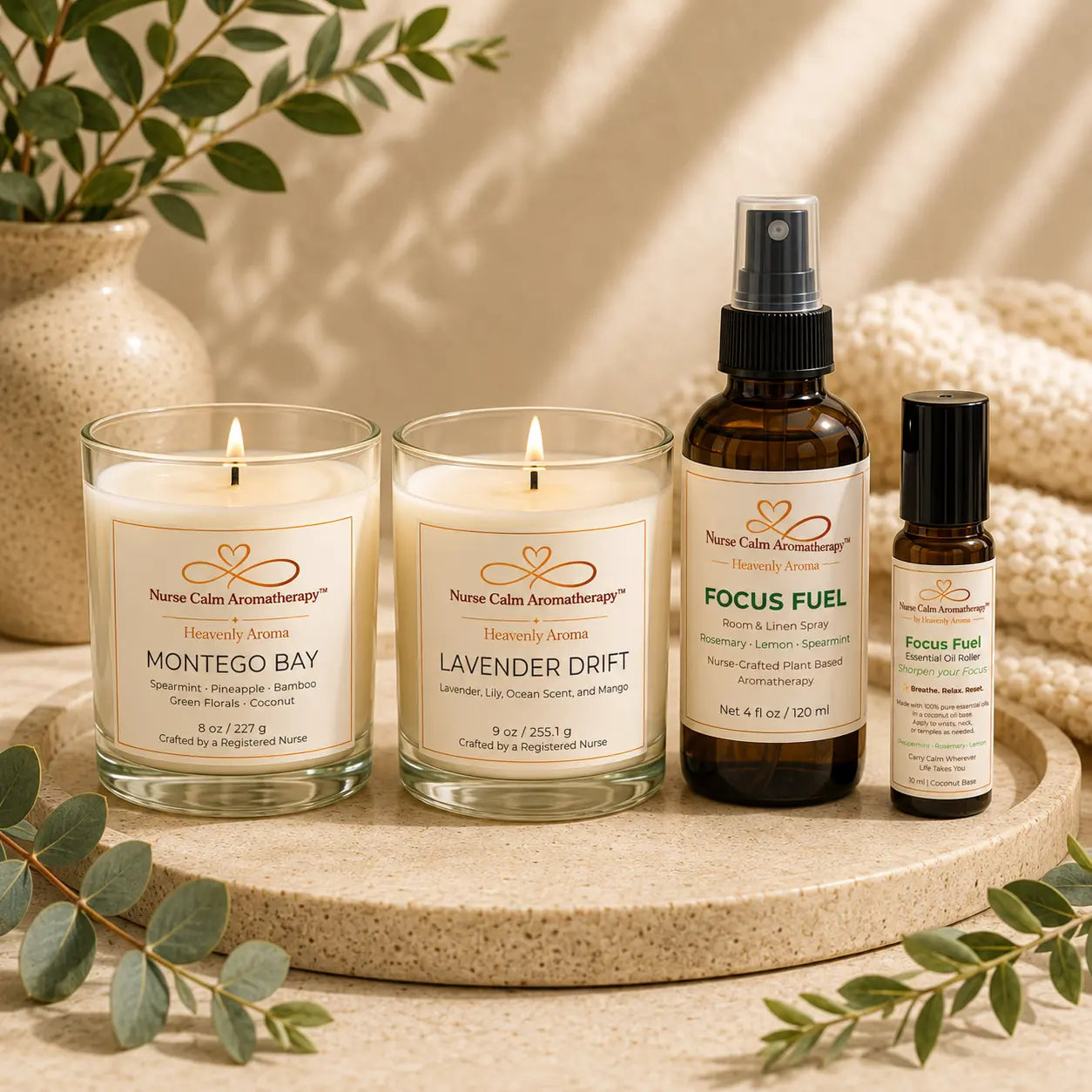 Signature Moments personalized candle pair featuring Montego Bay and Lavender Drift soy candles with Focus Fuel Room & Linen Spray and Focus Fuel Essential Oil Roller by Nurse Calm Aromatherapy.