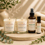 Signature Moments personalized candle pair featuring Montego Bay and Lavender Drift soy candles with Focus Fuel Room & Linen Spray and Focus Fuel Essential Oil Roller by Nurse Calm Aromatherapy.