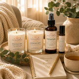 Signature Moments self-care ritual featuring handcrafted soy candles, Focus Fuel Room & Linen Spray, and Focus Fuel Essential Oil Roller for a calming wellness experience.