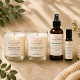 Signature Moments bundle contents including Montego Bay candle, Lavender Drift candle, Focus Fuel Room & Linen Spray, and Focus Fuel Essential Oil Roller.