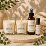 Close-up of the Signature Moments candle pair showcasing Montego Bay and Lavender Drift handcrafted soy candles with Focus Fuel aromatherapy products.