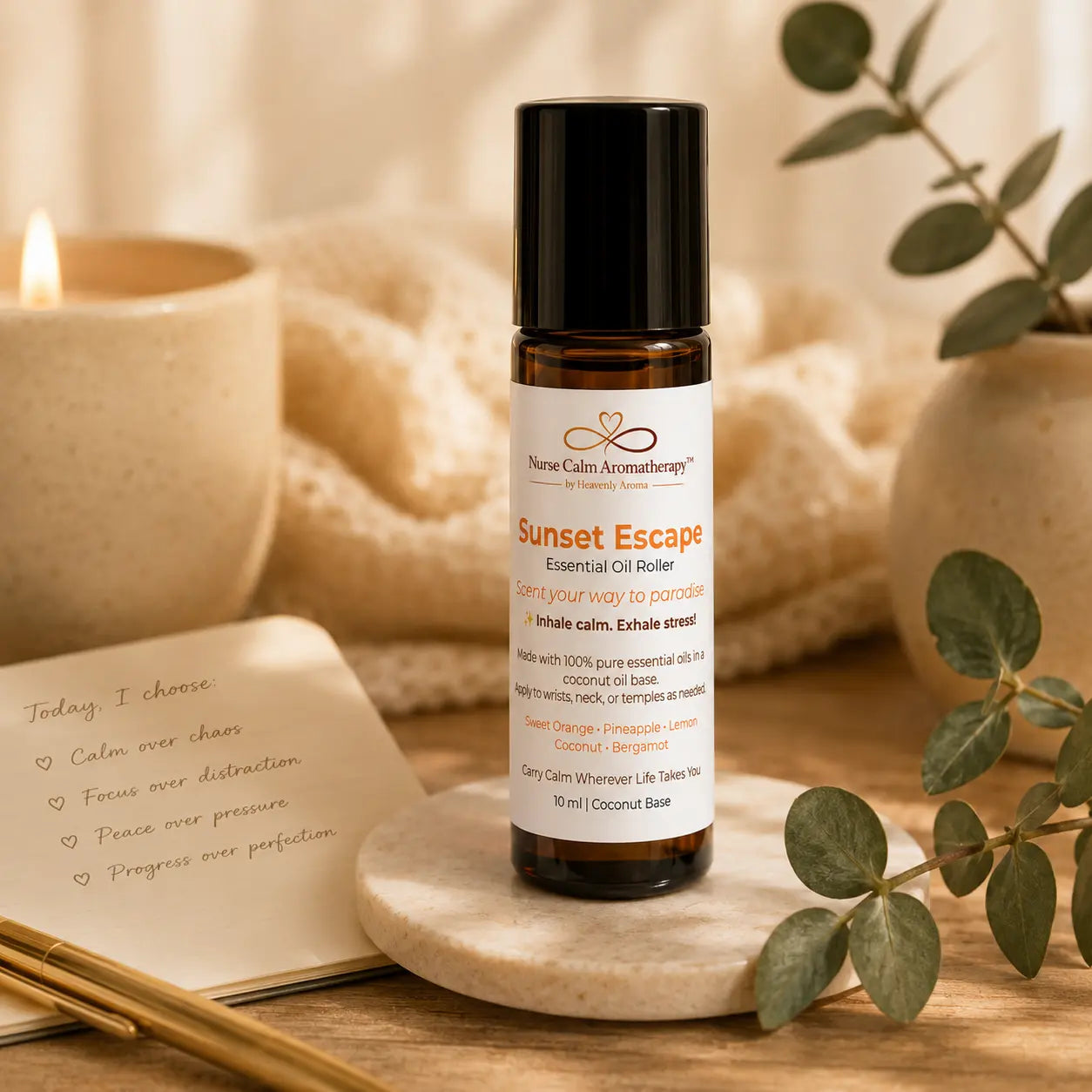 Sunset Escape Essential Oil Roller by Nurse Calm Aromatherapy with sweet orange, pineapple, lemon, coconut and bergamot in a luxury spa setting.
