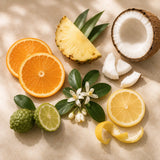 Fresh sweet orange, pineapple, lemon, coconut and bergamot displayed as the botanical ingredients of Sunset Escape Essential Oil Roller.
