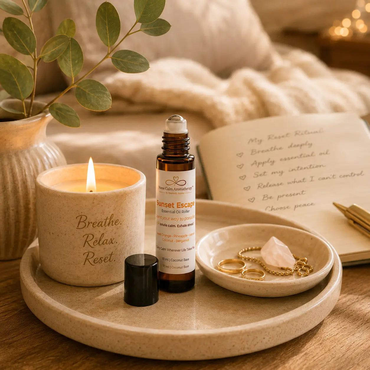 Sunset Escape Essential Oil Roller featured in the Nurse Calm Aromatherapy Signature Reset Ritual for peaceful moments and relaxation.