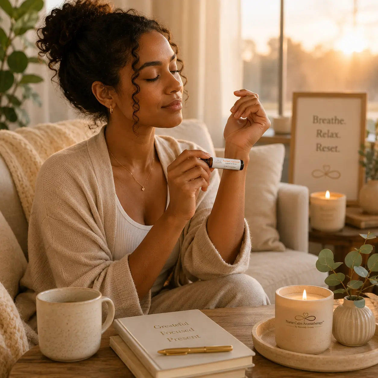Sunset Escape Essential Oil Roller displayed in a relaxing tropical-inspired wellness setting.