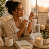 Sunset Escape Essential Oil Roller displayed in a relaxing tropical-inspired wellness setting.
