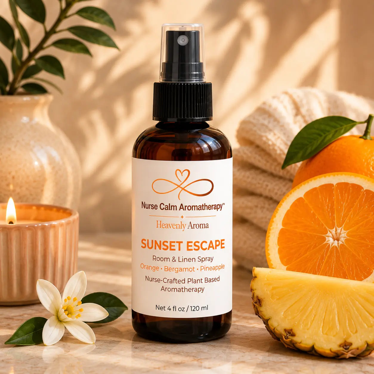 Sunset Escape Room & Linen Spray by Nurse Calm Aromatherapy™ featuring orange, bergamot, and pineapple in a luxury spa setting.