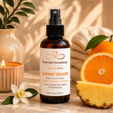 Sunset Escape Room & Linen Spray by Nurse Calm Aromatherapy™ featuring orange, bergamot, and pineapple in a luxury spa setting.