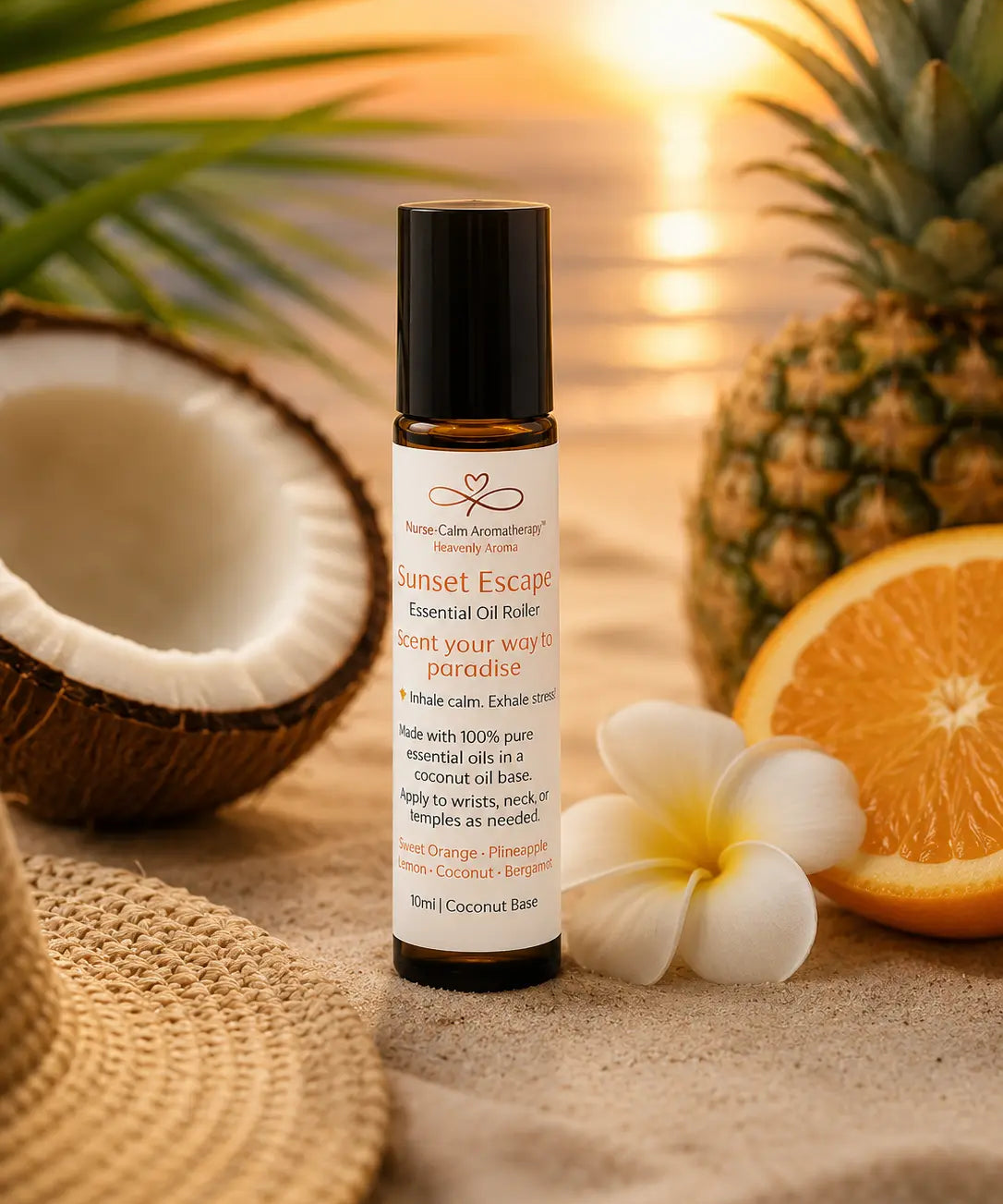 Essential oil roller bottle labeled 'Sunset Escape' with tropical elements like a pineapple, coconut, and orange on a sandy background.