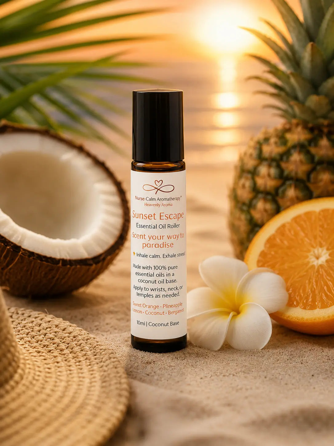 Essential oil roller bottle labeled 'Sunset Escape' with tropical elements like a pineapple, coconut, and orange on a sandy background.