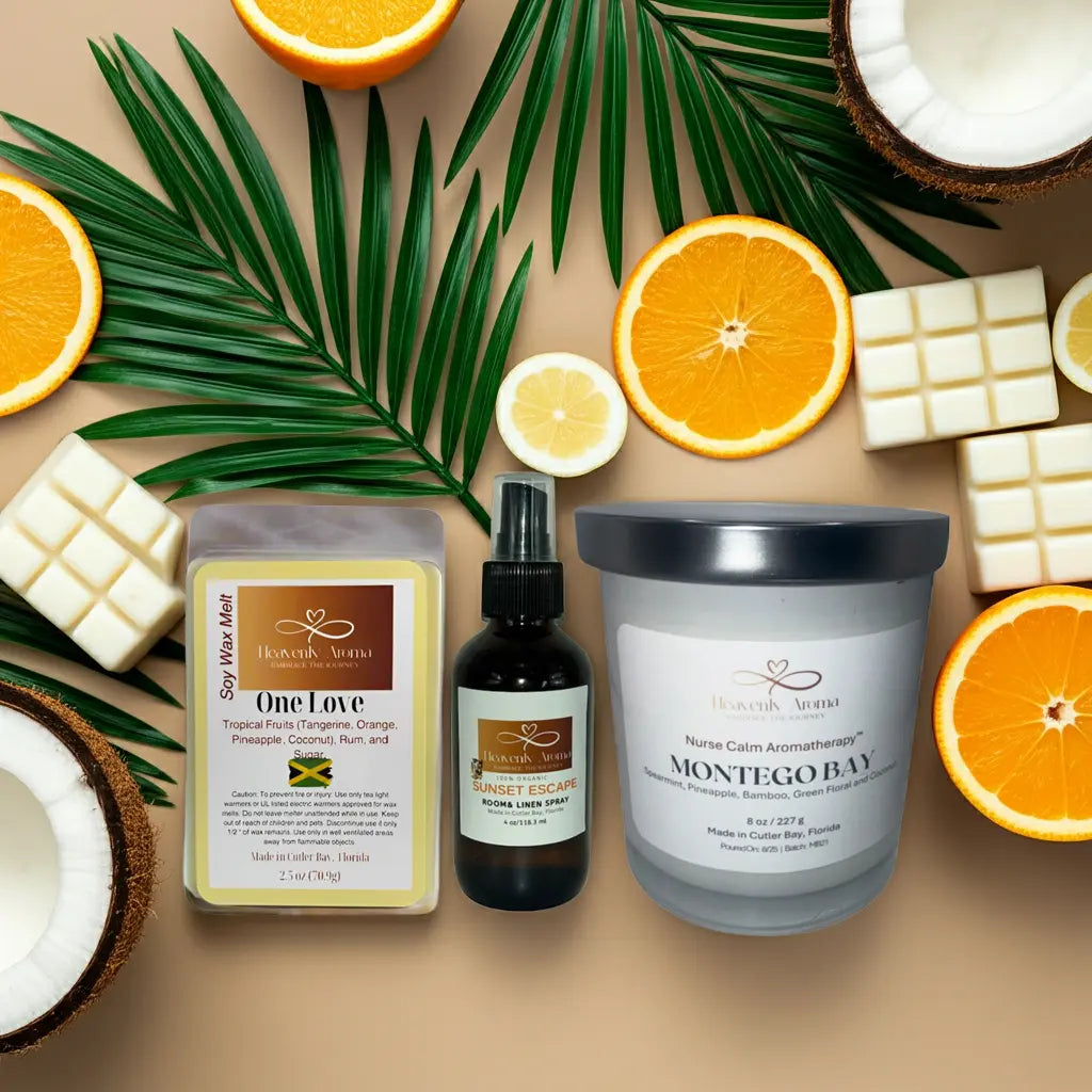 Assorted natural products including candles, soap bars, and a spray bottle on a beige background with fruits and leaves.