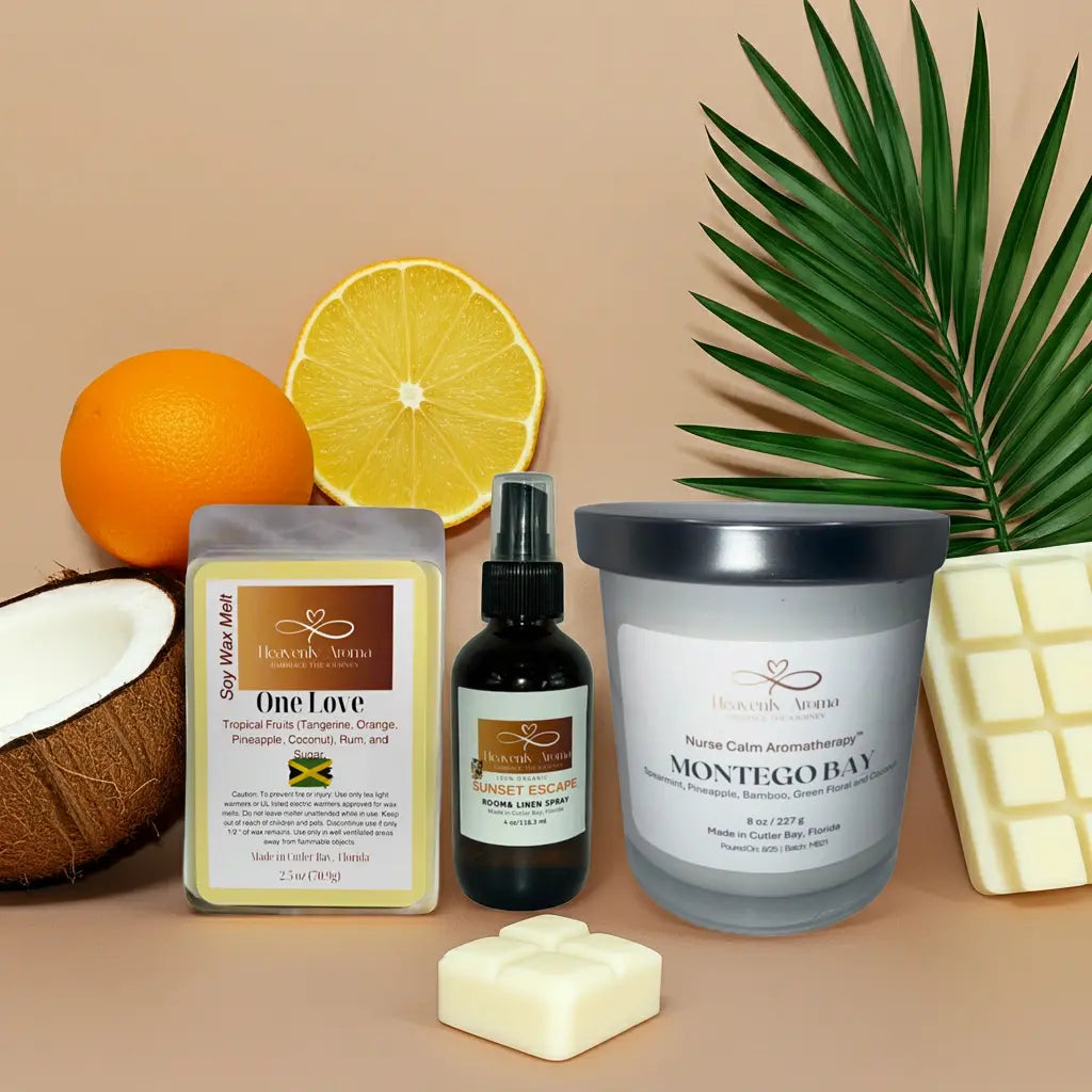 Collection of natural products including a candle, soap, and spray bottle on a beige background with fruits and leaves.