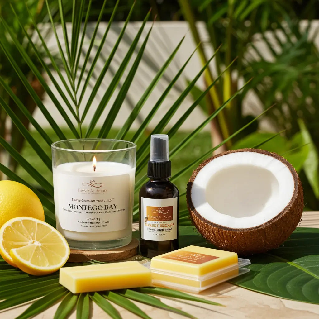 Candle, coconut, lemons, and soap bars on a leafy background