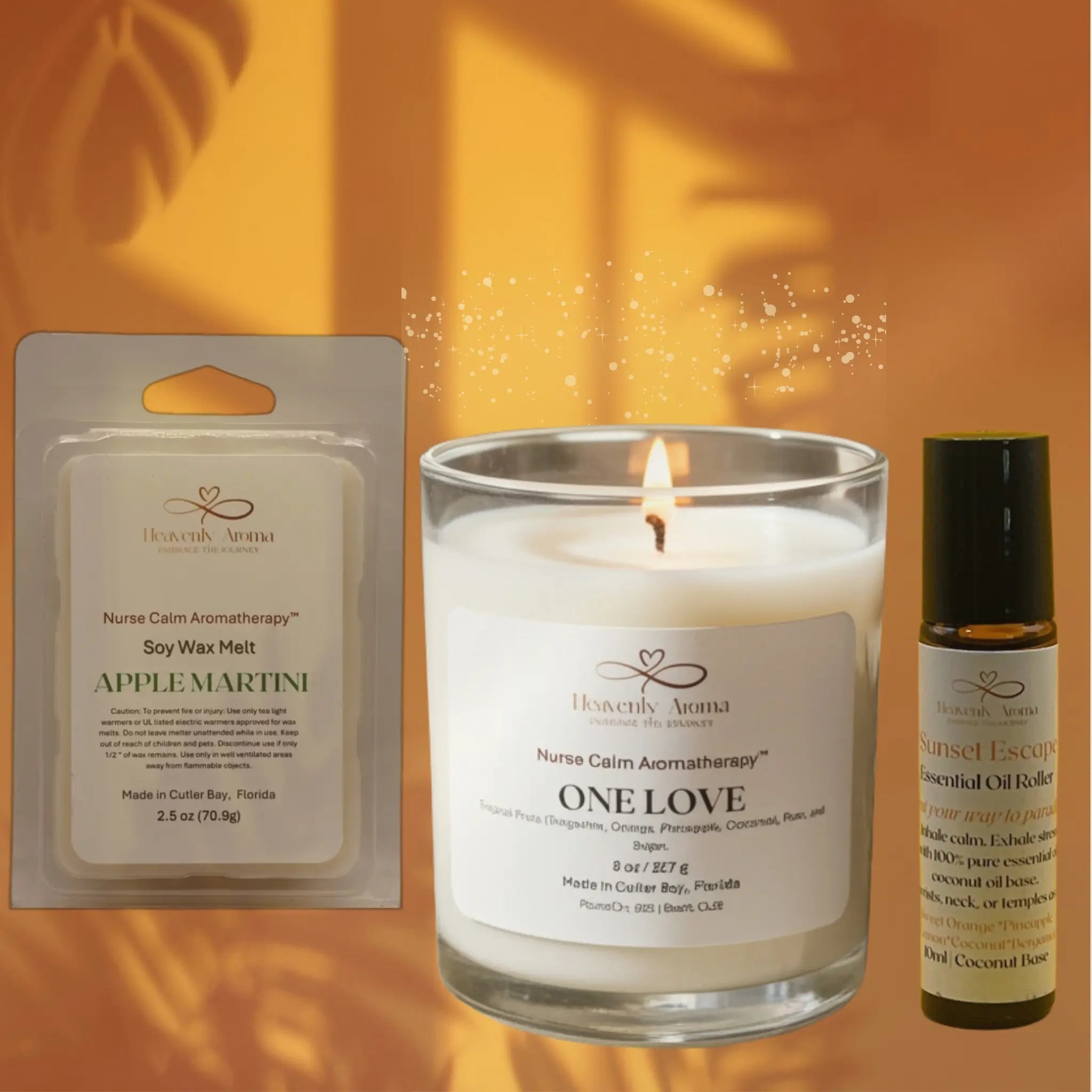 Candle, wax melt, and essential oil rollerball on a warm background