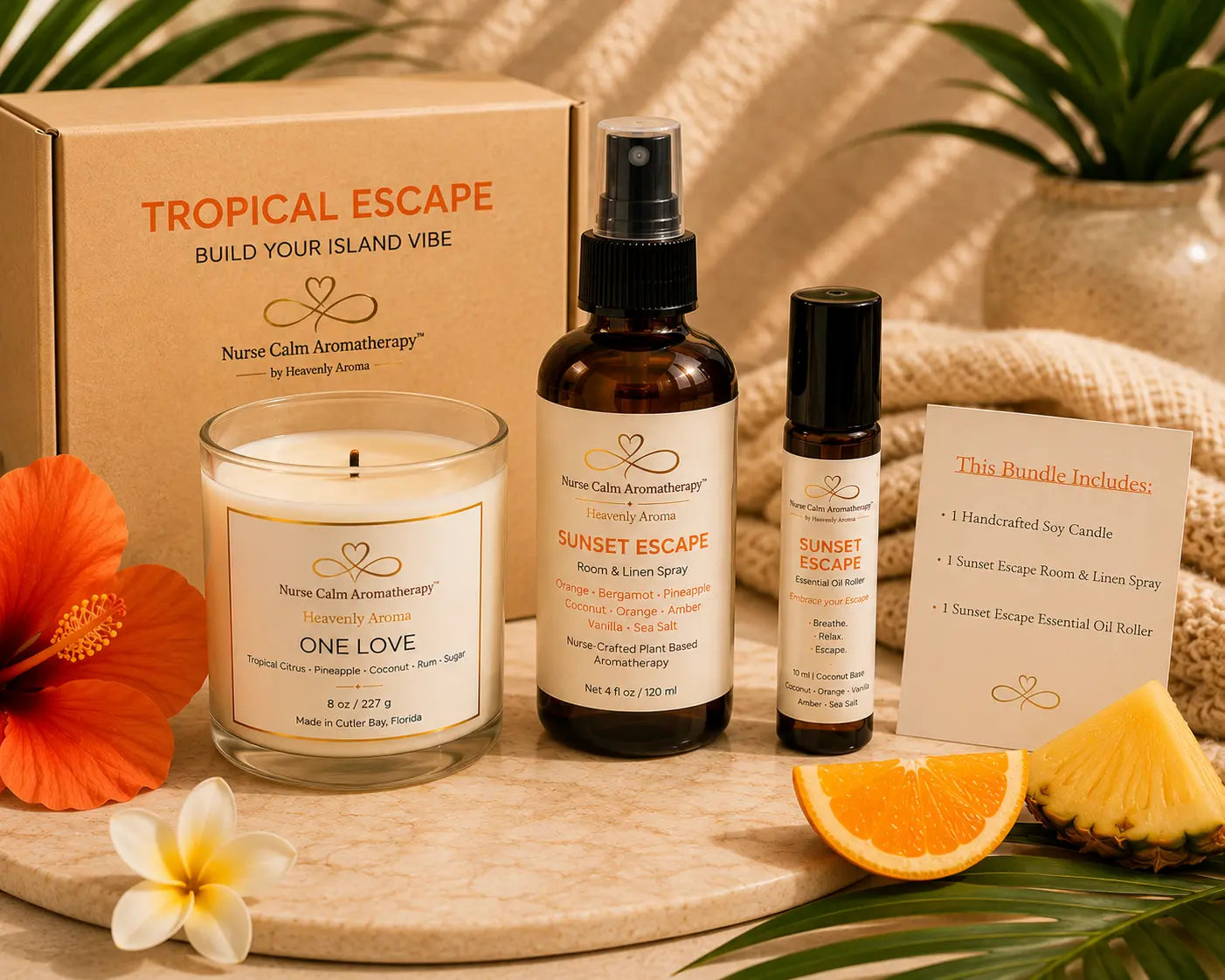 Tropical Escape bundle contents including One Love soy candle, Sunset Escape Room & Linen Spray, and Sunset Escape Essential Oil Roller.