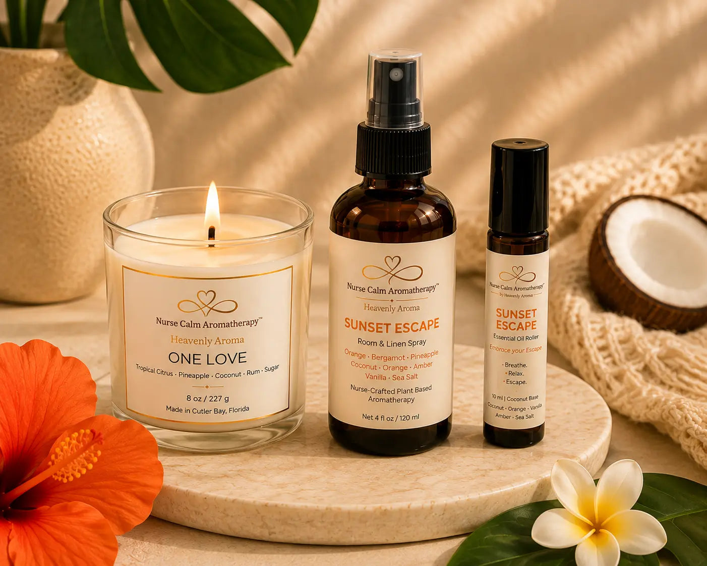 Close-up of the Tropical Escape bundle featuring One Love candle, Sunset Escape Room & Linen Spray, and Sunset Escape Essential Oil Roller.