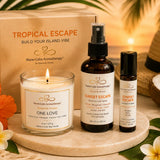 Tropical Escape wellness bundle featuring One Love soy candle, Sunset Escape Room & Linen Spray, and Sunset Escape Essential Oil Roller by Nurse Calm Aromatherapy.