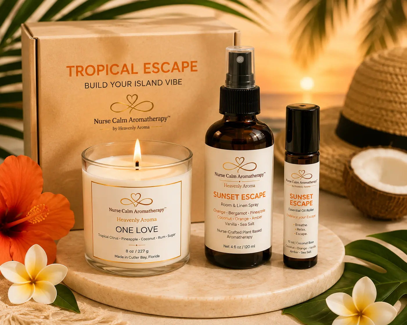 Tropical Escape wellness bundle featuring One Love soy candle, Sunset Escape Room & Linen Spray, and Sunset Escape Essential Oil Roller by Nurse Calm Aromatherapy.
