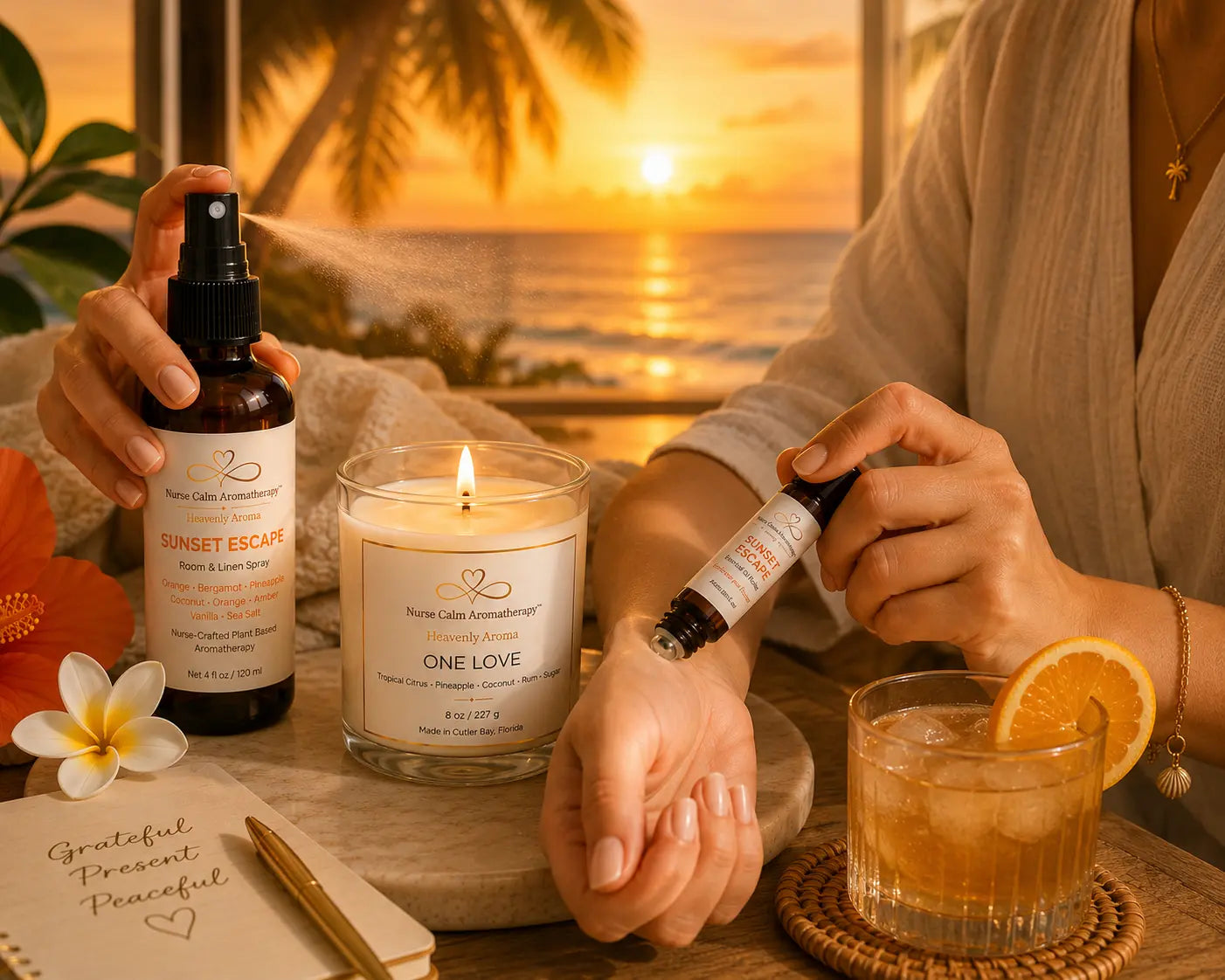 Tropical Escape self-care ritual featuring One Love candle, Sunset Escape Room & Linen Spray, and Sunset Escape Essential Oil Roller for a relaxing island-inspired aromatherapy experience.
