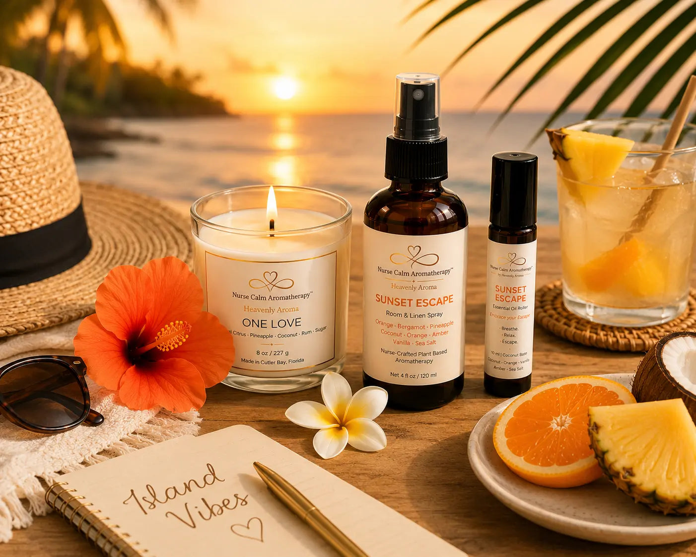 Tropical Escape wellness bundle styled in a tropical-inspired self-care setting with One Love candle, Sunset Escape aromatherapy products, fresh citrus, and island décor.
