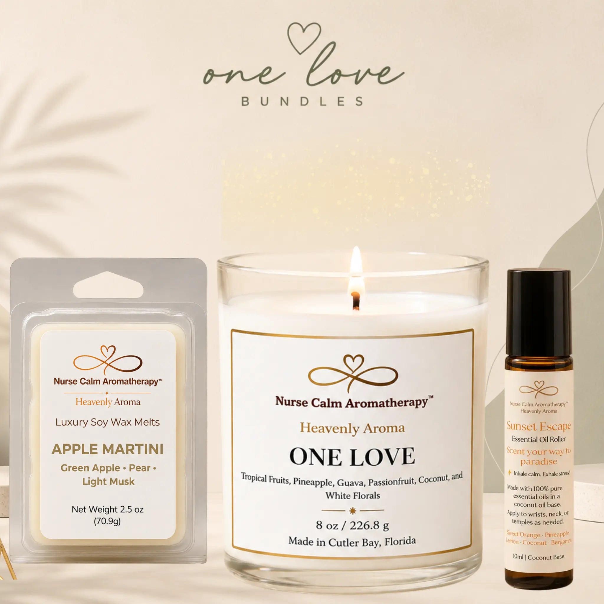 Candle, wax melts, and essential oil roller bottle with 'One Love' branding on a neutral background.