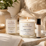 Candle, wax melts, and essential oil bottle on a table with a cozy background