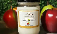 Apple martini candle jar with black lid and white label.