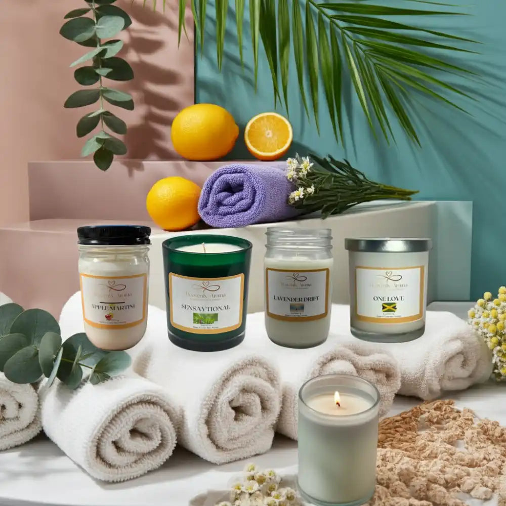 A collection of scented candles and bath products.