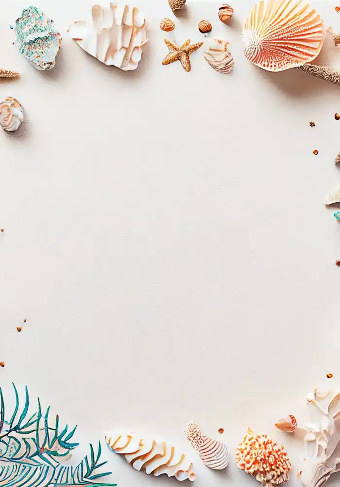 A collection of seashells, starfish, and coral.