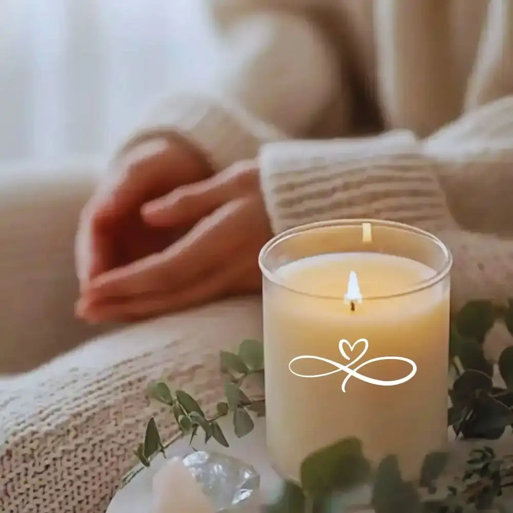 A creamy white scented candle in a clear glass jar, featuring an elegant infinity symbol with a heart design etched on its side.