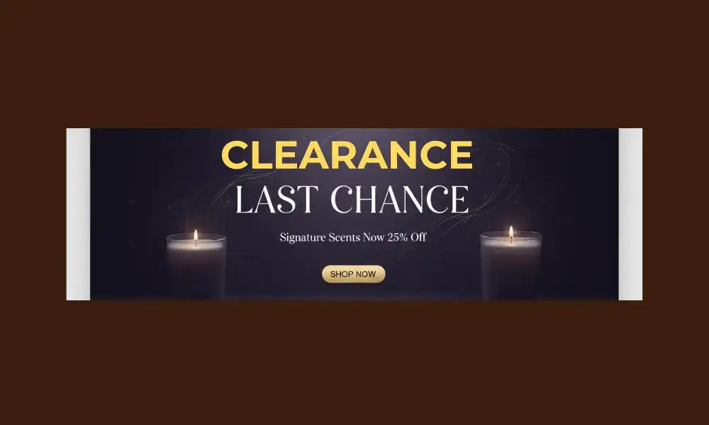 Dark blue clearance banner with gold text and two lit white candles.