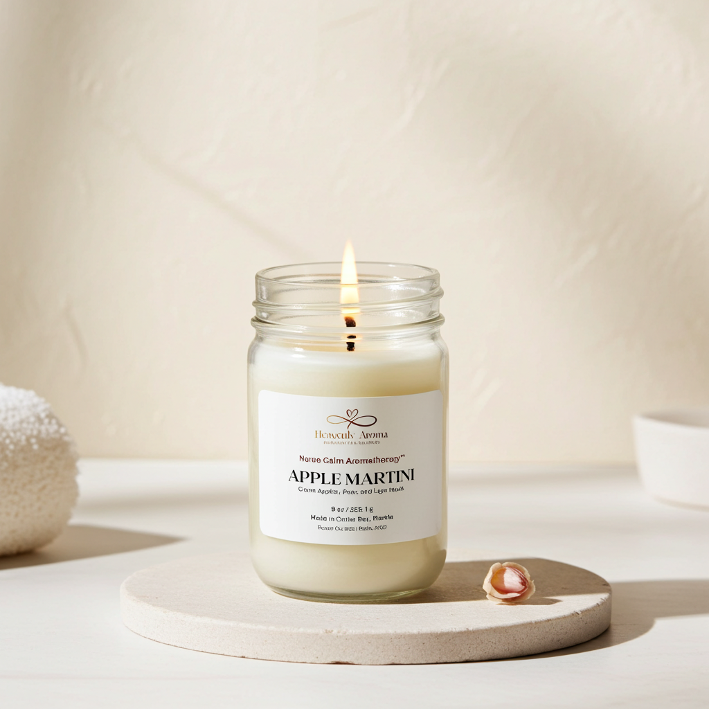 Candle in a glass jar labeled 'Apple Martini' on a neutral background