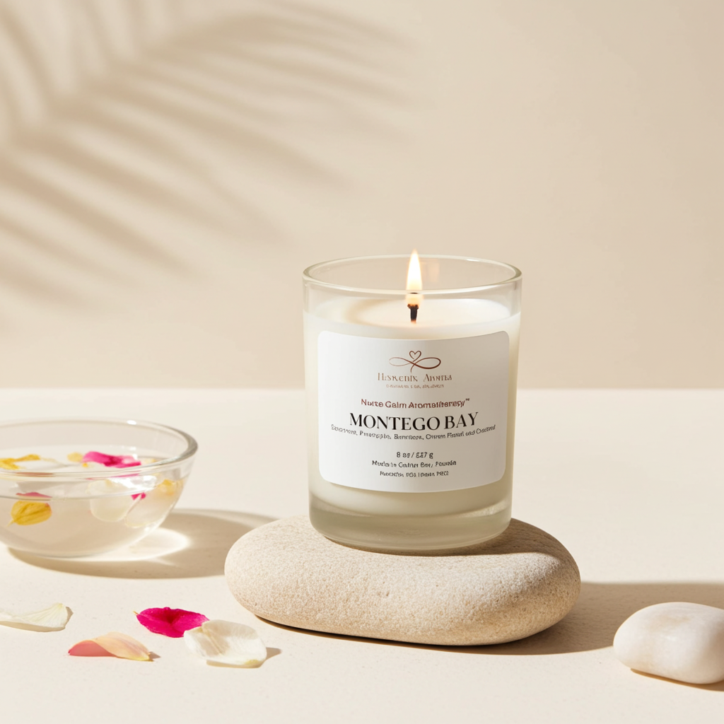 Candle labeled 'Montego Bay' on a stone with a bowl of flowers and petals in the background