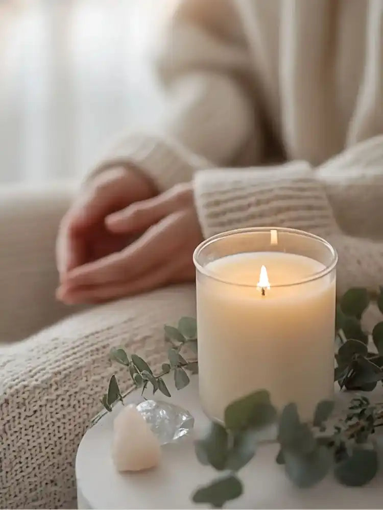 A lit, cream-colored candle in a clear glass jar.