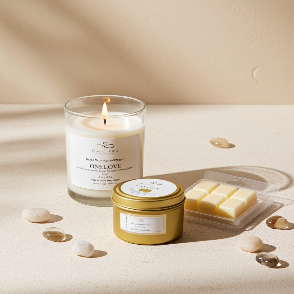 One Love soy candle by Heavenly Aroma with gold tin and wax melts on neutral stone surface, warm sunlight aesthetic
