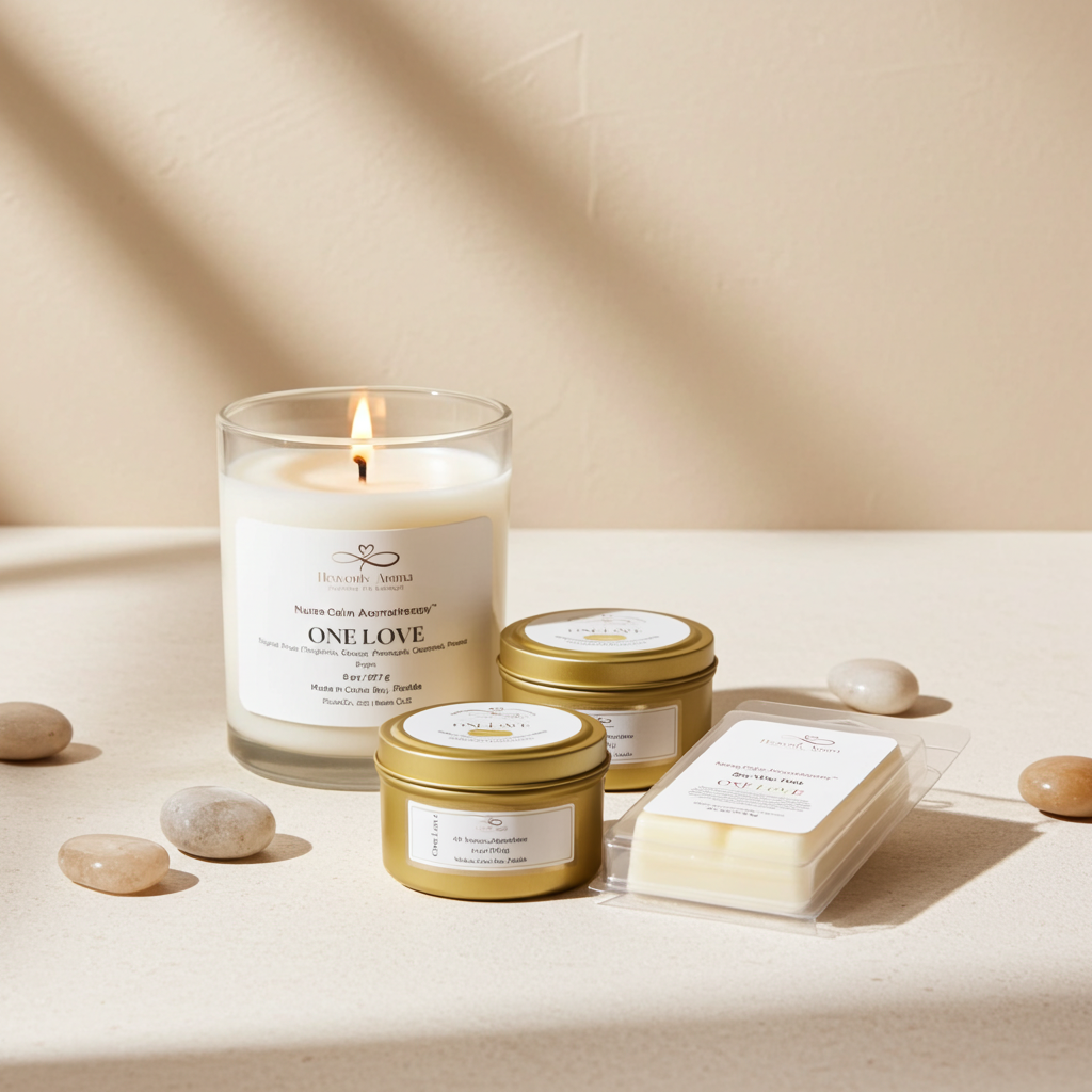 Candle and containers with labels on a neutral background