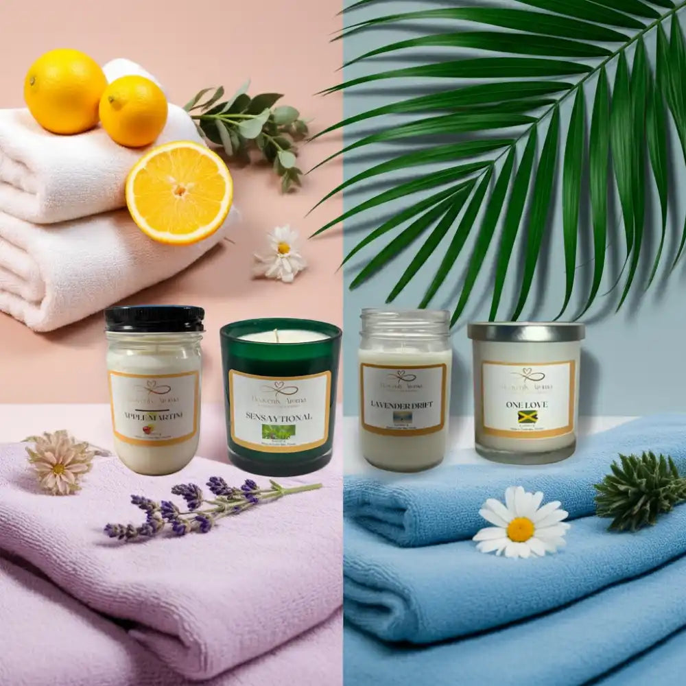 Various scented candles in glass jars and containers