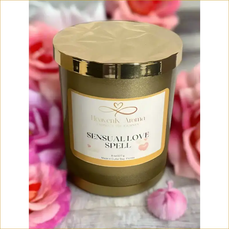 Sensual Love Spell Scented Candle in Gold-Rimmed Glass Container - Heavenly Aroma