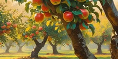 A vibrant apple orchard with ripe red apples hanging from trees.